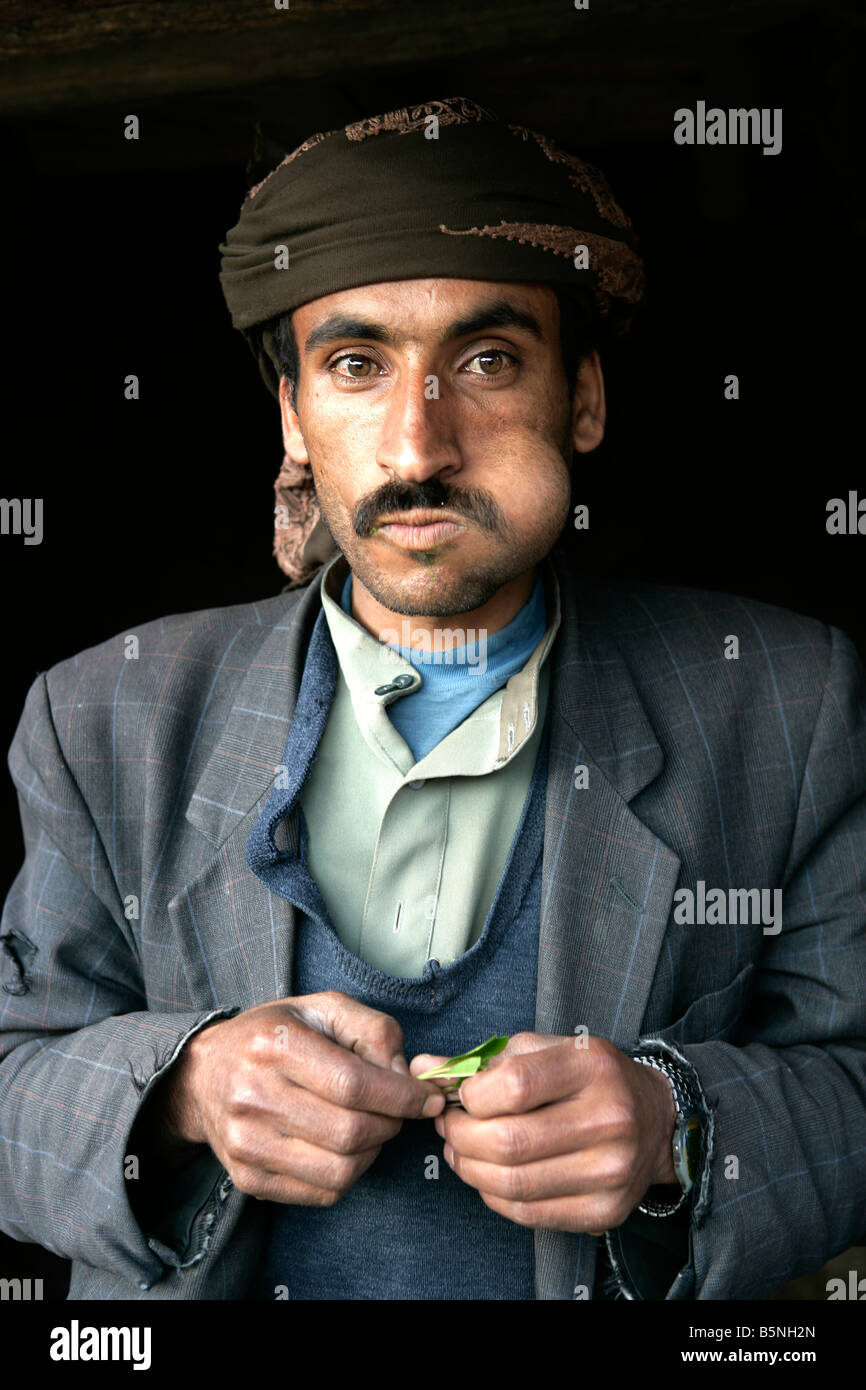 Man chewing Qat cheek filled with the leaves Yemen Stock Photo