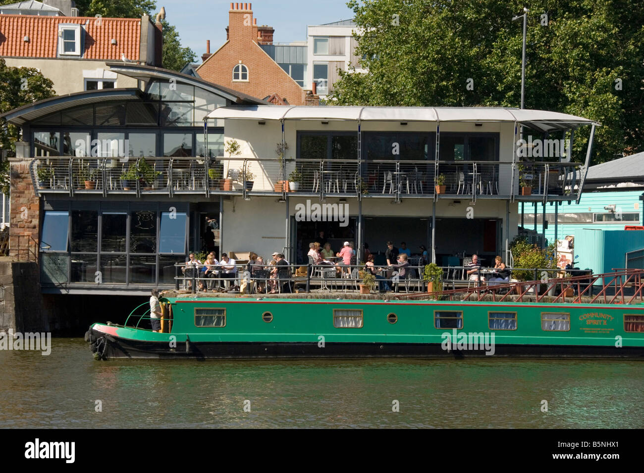 Restaurant with people, narrowboat, summer, floating harbour, Bristol, England, UK Stock Photo