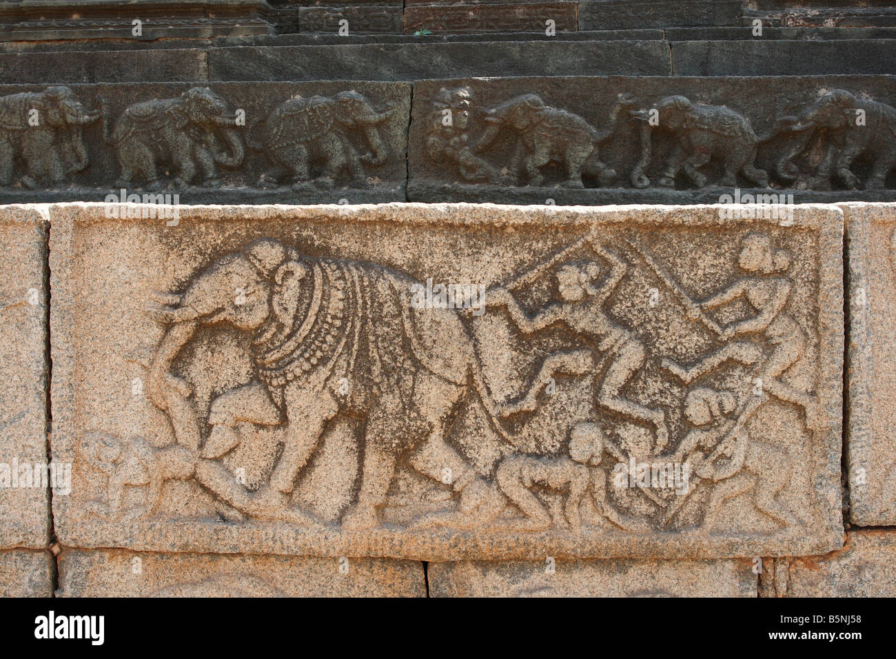 Elephant figure on a Hindu temple dedicated to Shiva at the ancient site of Hampi, Karnataka, India Stock Photo