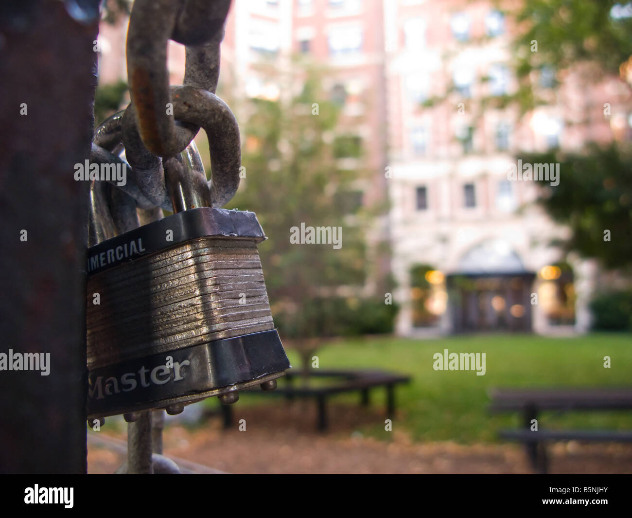 A padlock locks the gate to the old Ashdown House (now buiding W1) on the Massachusetts Institute of Technology campus. Stock Photo