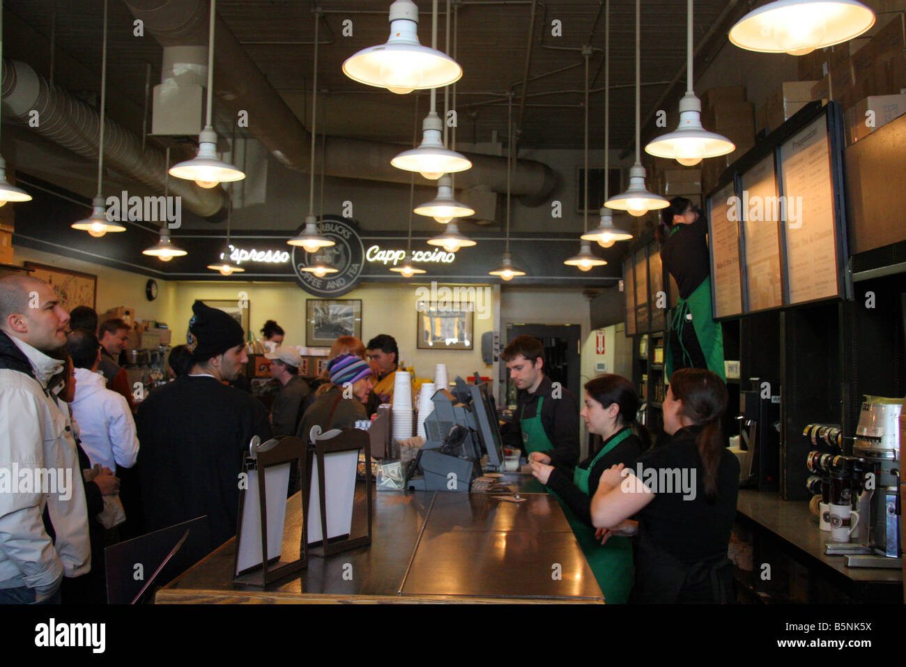 Interior of the original Starbucks coffee house at Pike Place Market in Seattle USA Stock Photo