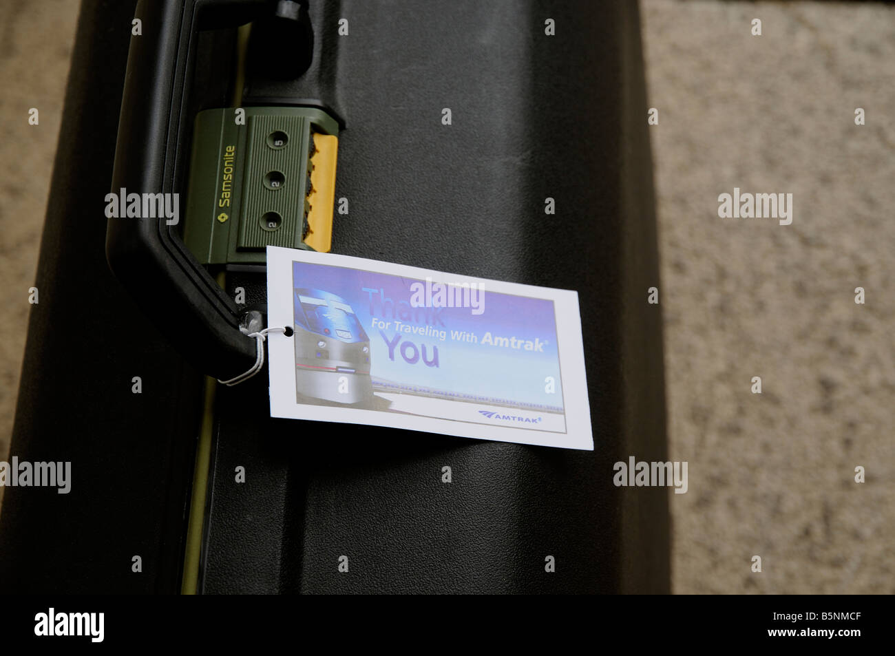 Thank you for travelling Amtrak railroad company luggage label on a suitcase Stock Photo Alamy