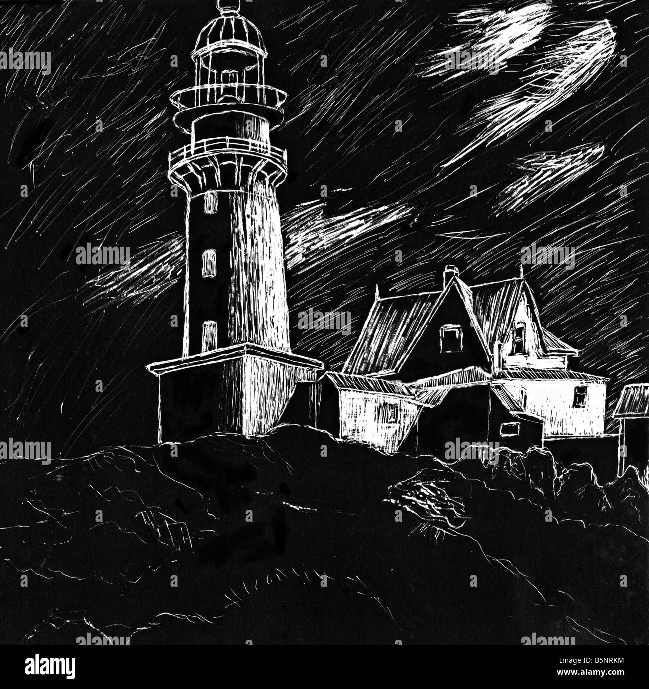 A scratch board drawing of a lighthouse up on a cliff This illustration is my own work Stock Photo