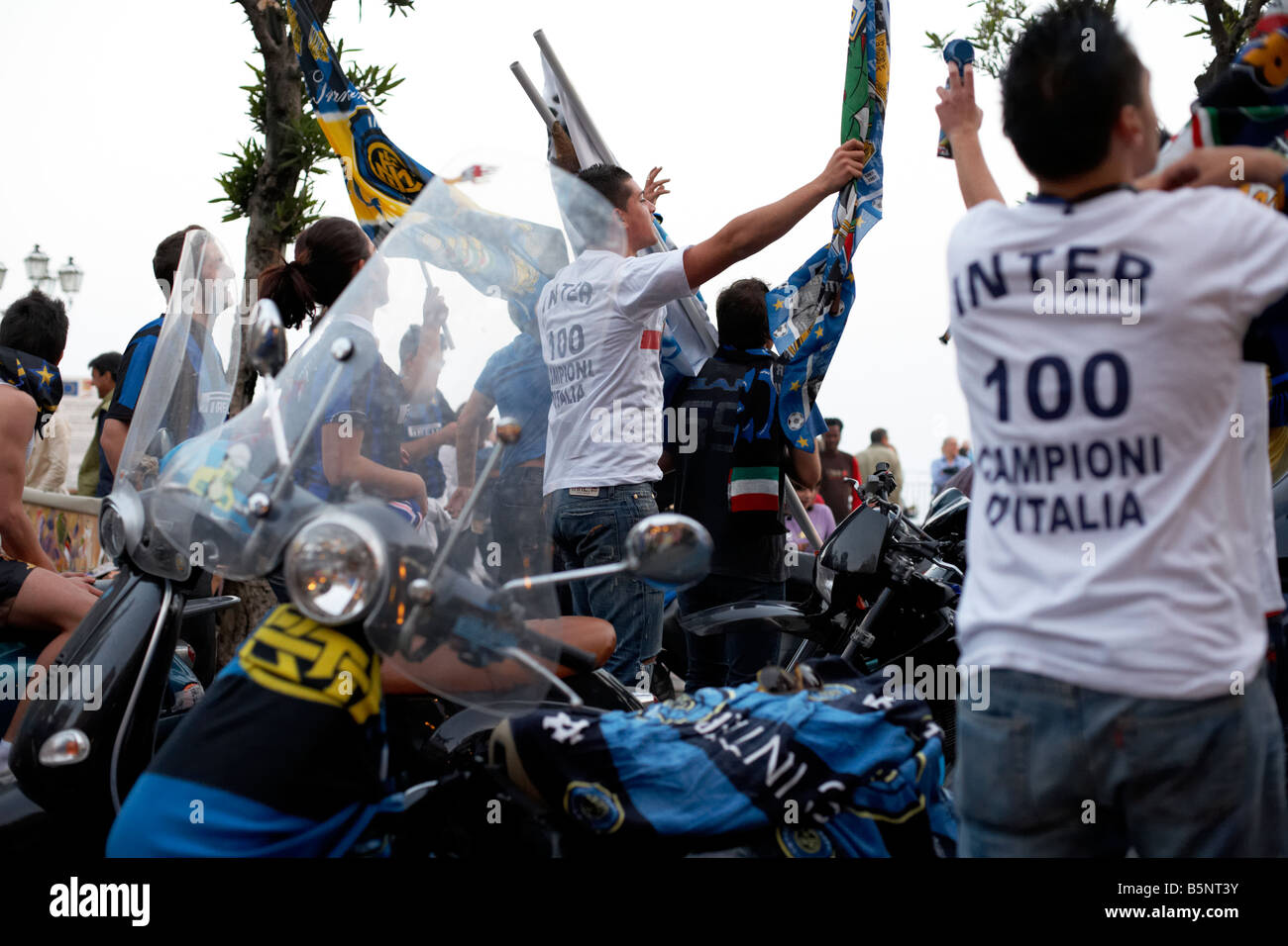 Inter Milan football fans celebrating their team's success at winning the Italian league in the 2007/2008 season Stock Photo
