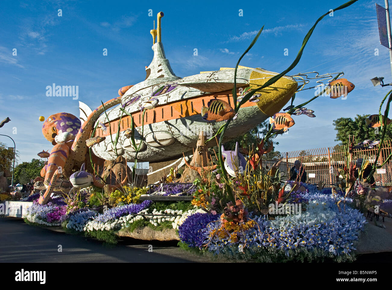 Long Beach CA, Rose Parade Float, decorated mixed flowers,“Passport to the Pacific,” , submarine Stock Photo