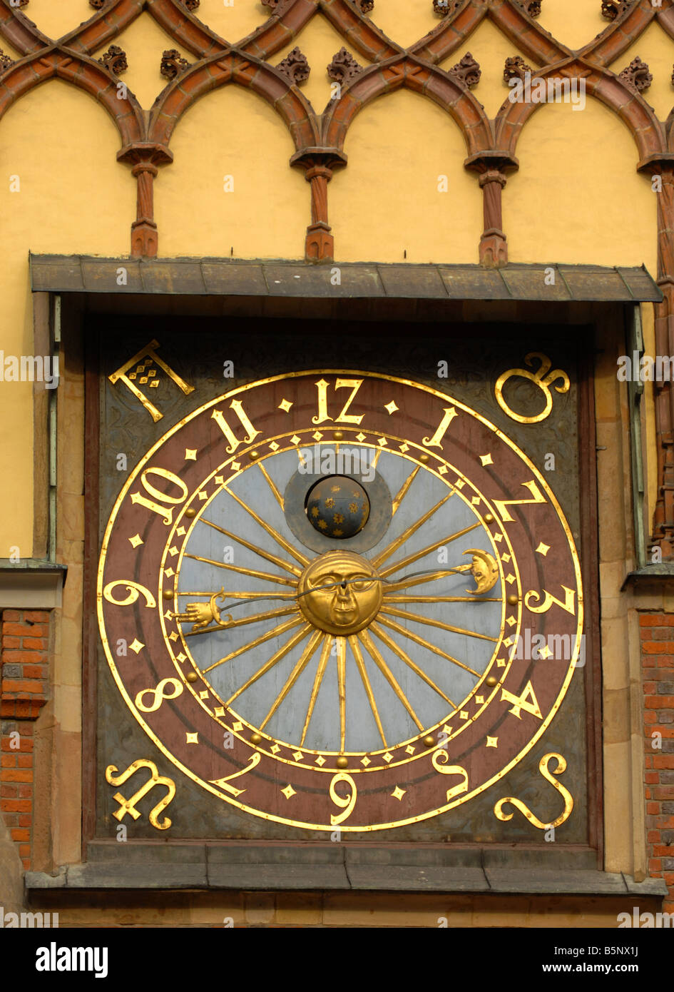 Astronomical clock at Town Hall, Rynek Square, Wroclaw, Poland Stock