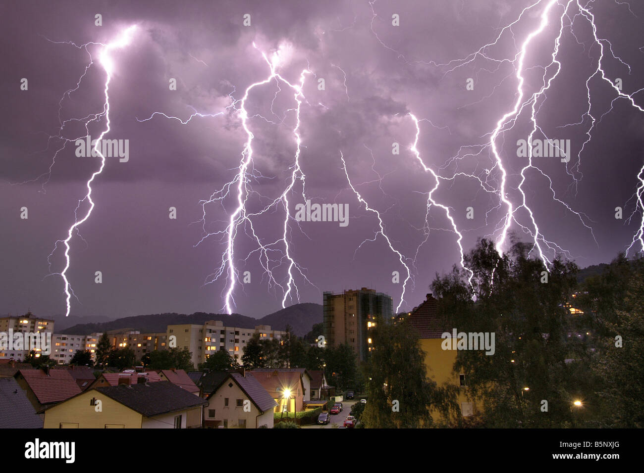 Multiple Lightning Bolts over City Stock Photo Alamy
