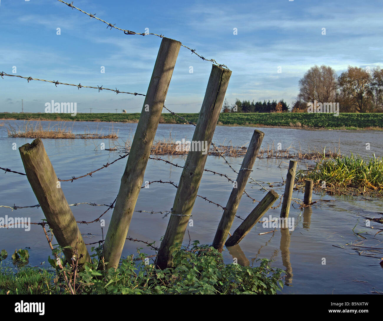 Barbed wire fence post in a flooded river. Stock Photo