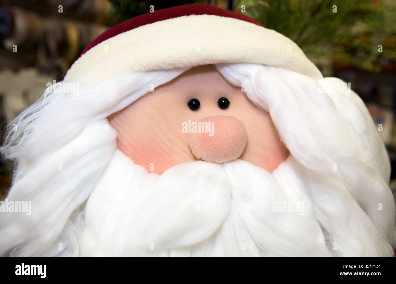 The face of a very big stuffed Santa Clause. Stock Photo