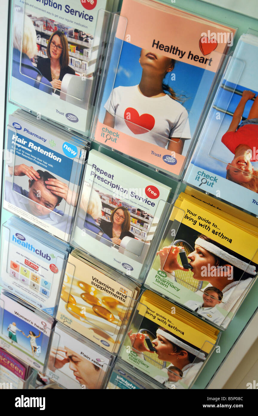 Pamphlets promoting health in Boots, the chemist store, Britain, UK