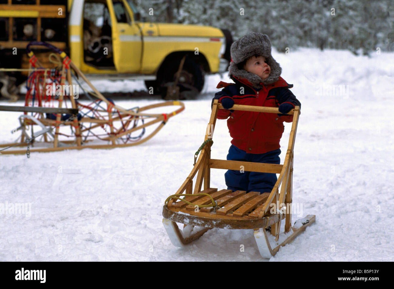 Young Child holding Sled at the International Sled Dog Race near Falkland in the Okanagan Region of British Columbia Canada Stock Photo