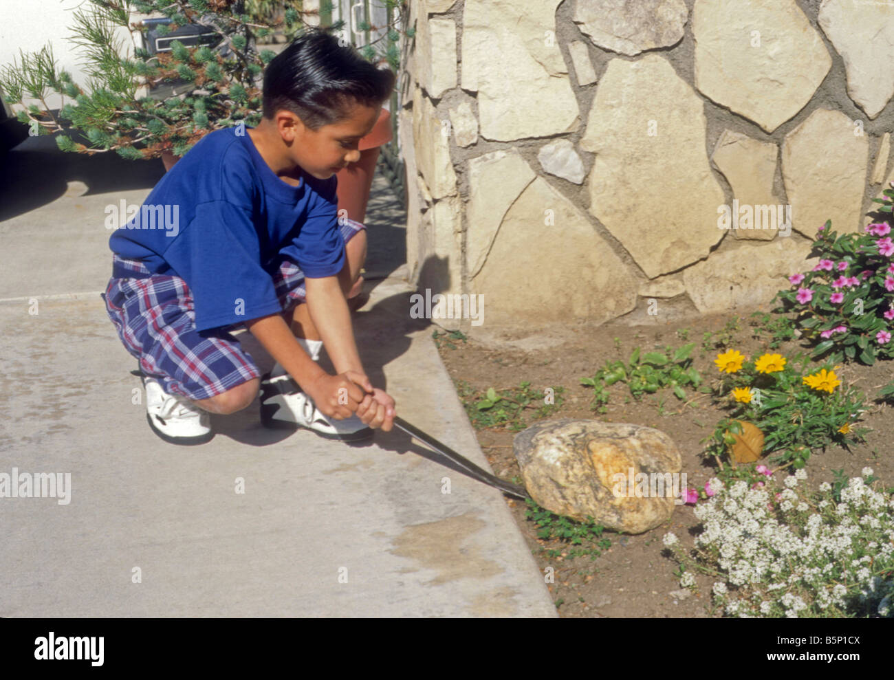 Hispanic boy uses lever to move rock in garden Stock Photo