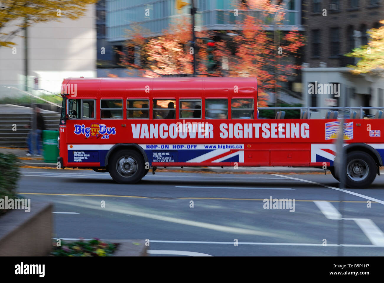 red tourist bus open top in vancouver down town british columbia canada