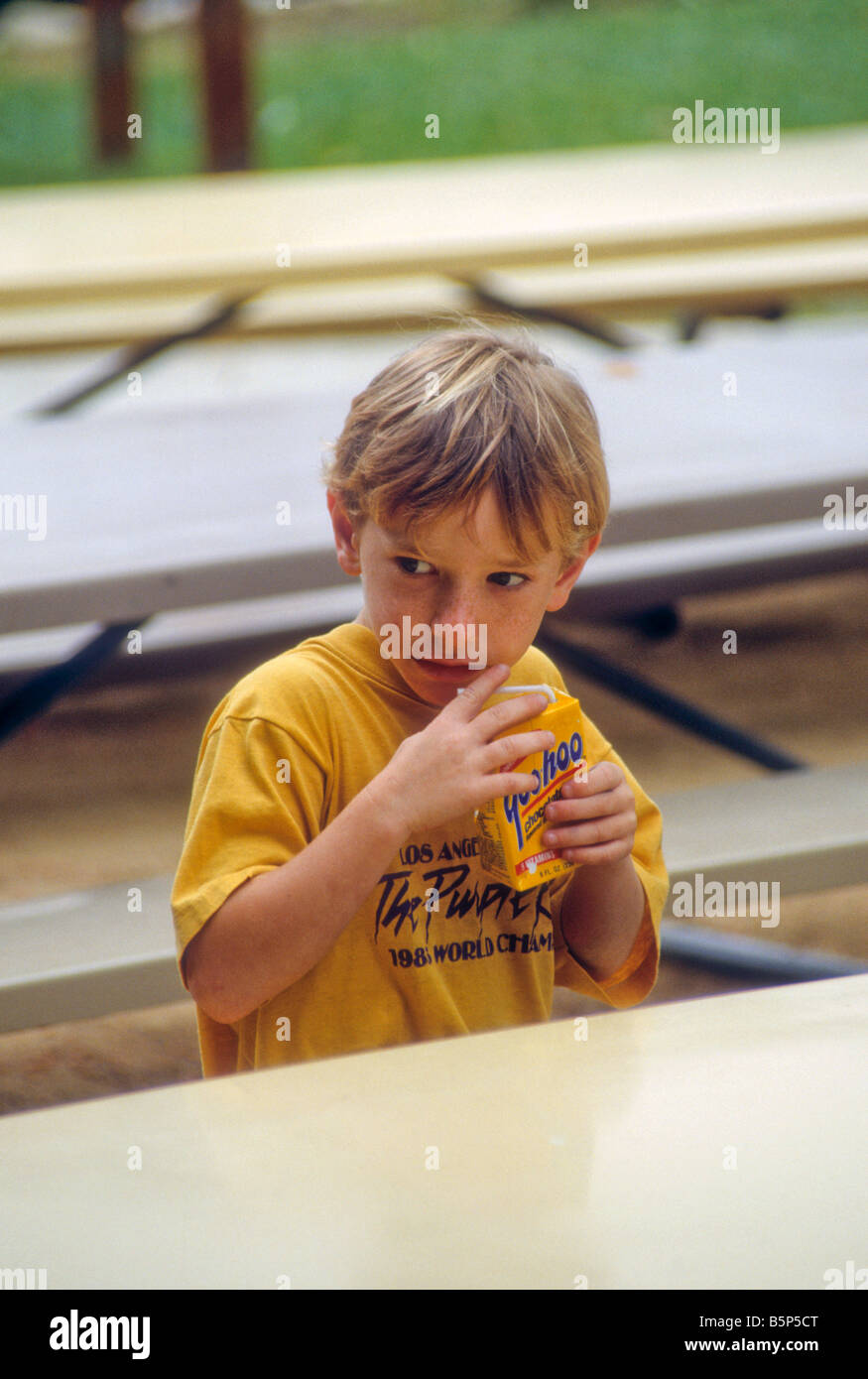 Boy drinks juice at school lunch table Stock Photo