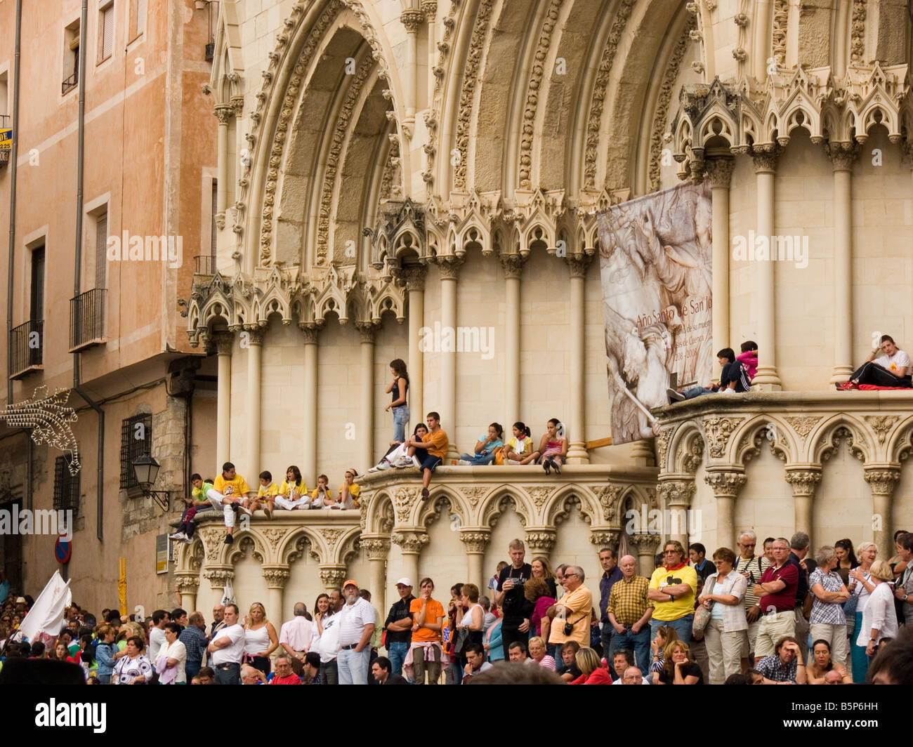Where is the bride? crowds gather to celebrate La Fiesta de San Mateo, at the Cathedral, in Cuenca, Spain. Stock Photo