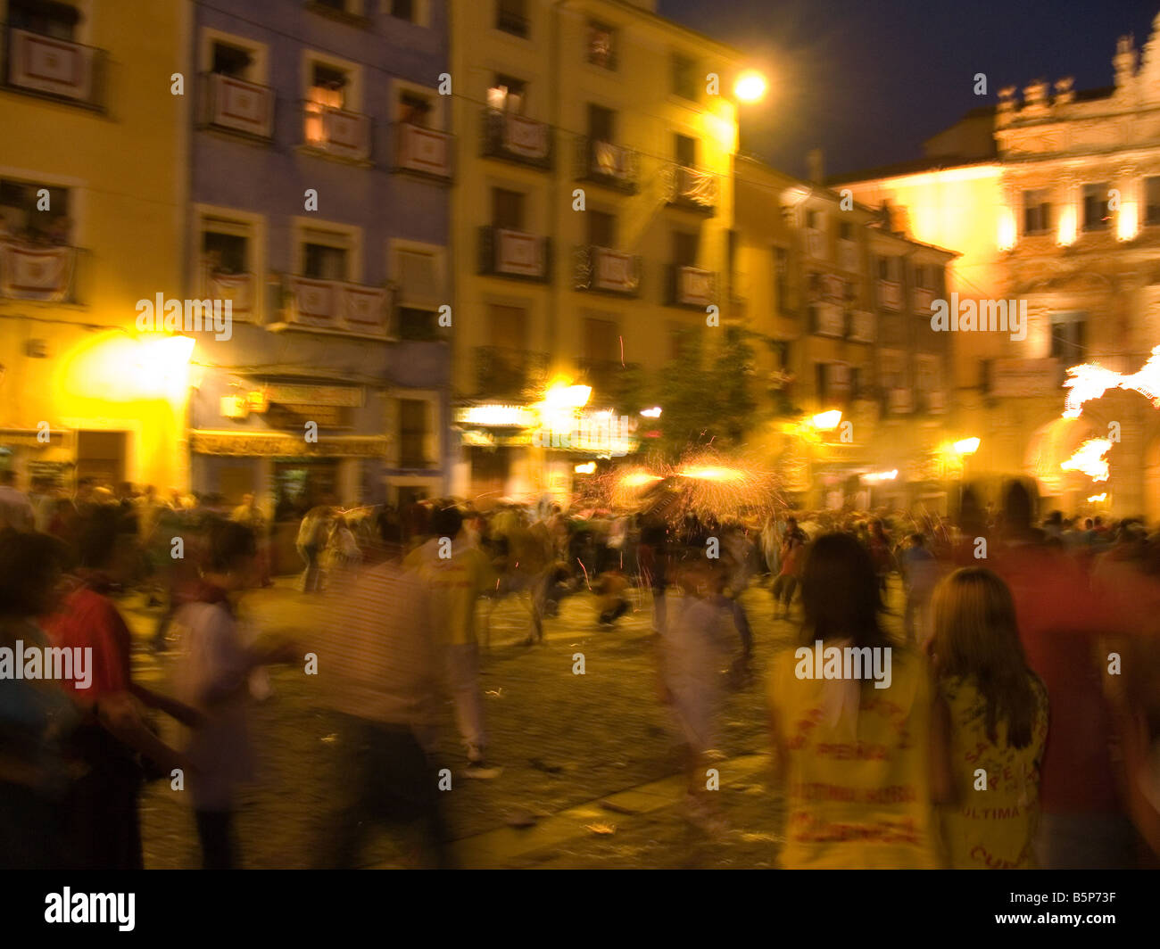 The Plaza Mayor, Cuenca during an Evening Fiesta of San Mateo. Stock Photo