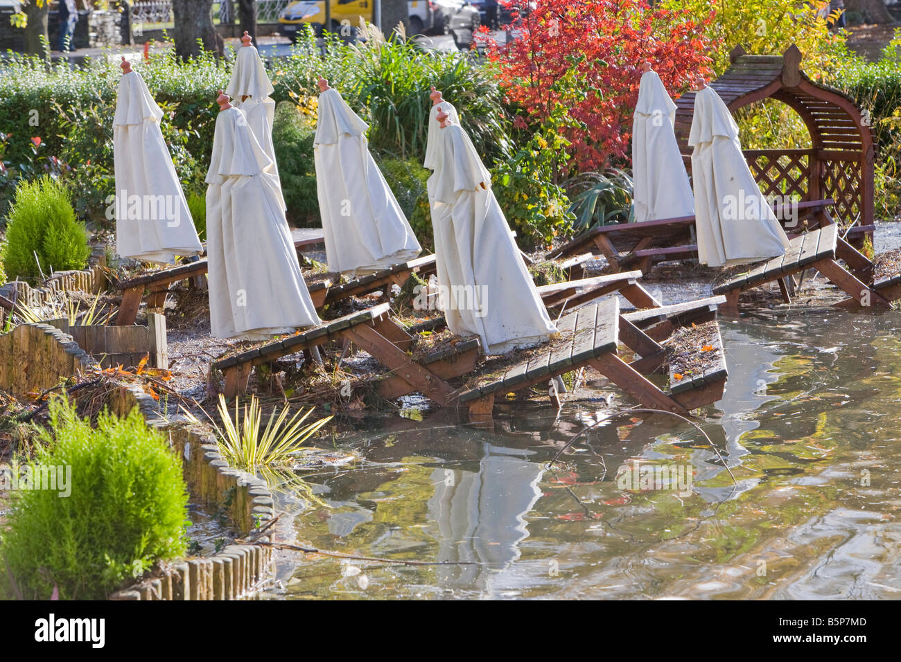 Flooding in the beer garden of The Wateredge Inn at Waterhead on Lake Windermere in Ambleside UK Stock Photo