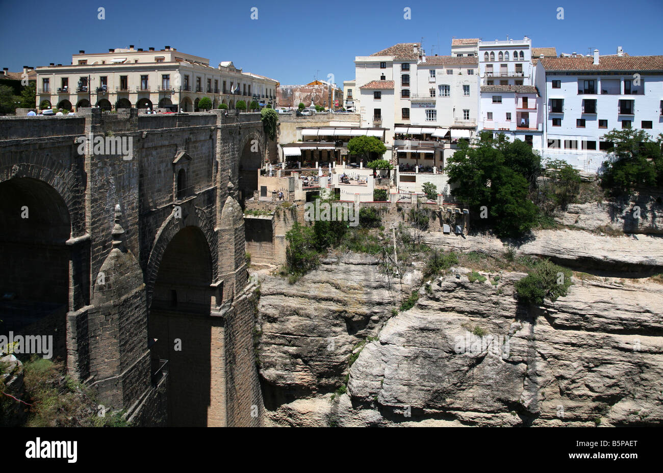 Puente Nuevo, at Ronda, Andalucia, Southern, Spain. The bridge spans the 100 metre gorge cut by the Rio Guadalevín. Stock Photo