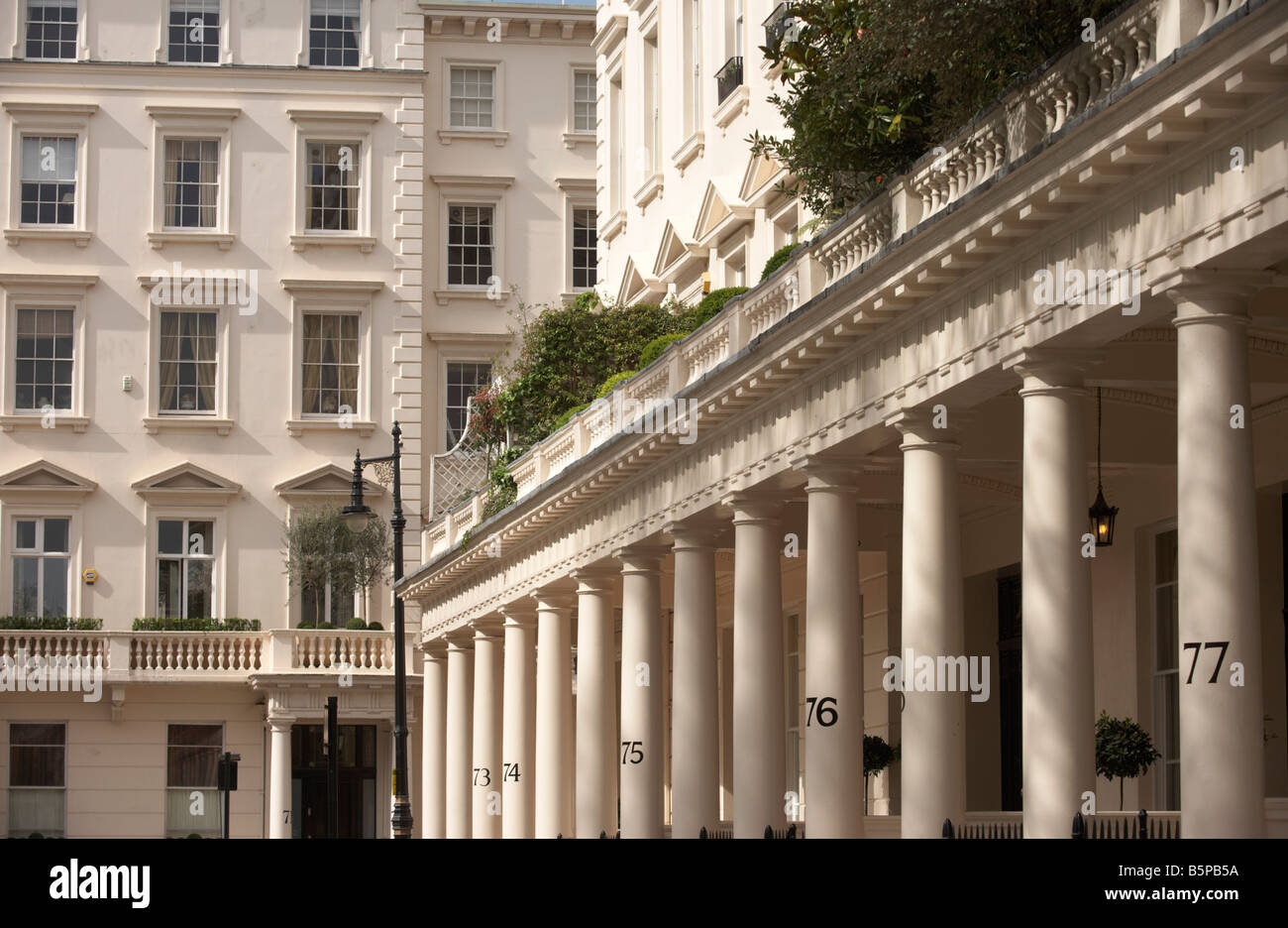 Immaculate frontage with columns and pillars of the classically-designed Victorian properties in Eaton Square Belgravia SW1 Stock Photo