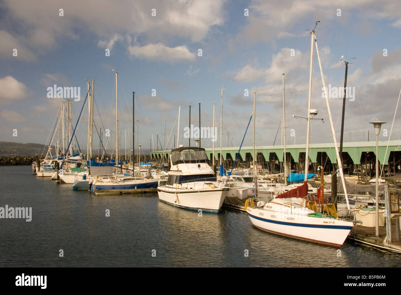 Boats docked at the Des Moines Marina in Des Moines Washington Stock Photo