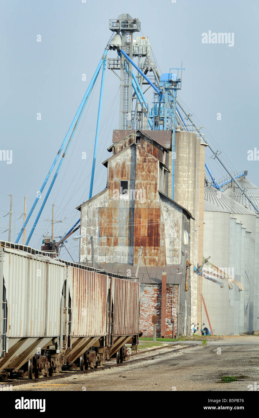 Grain cars on a railroad siding near an old grain elevator in the