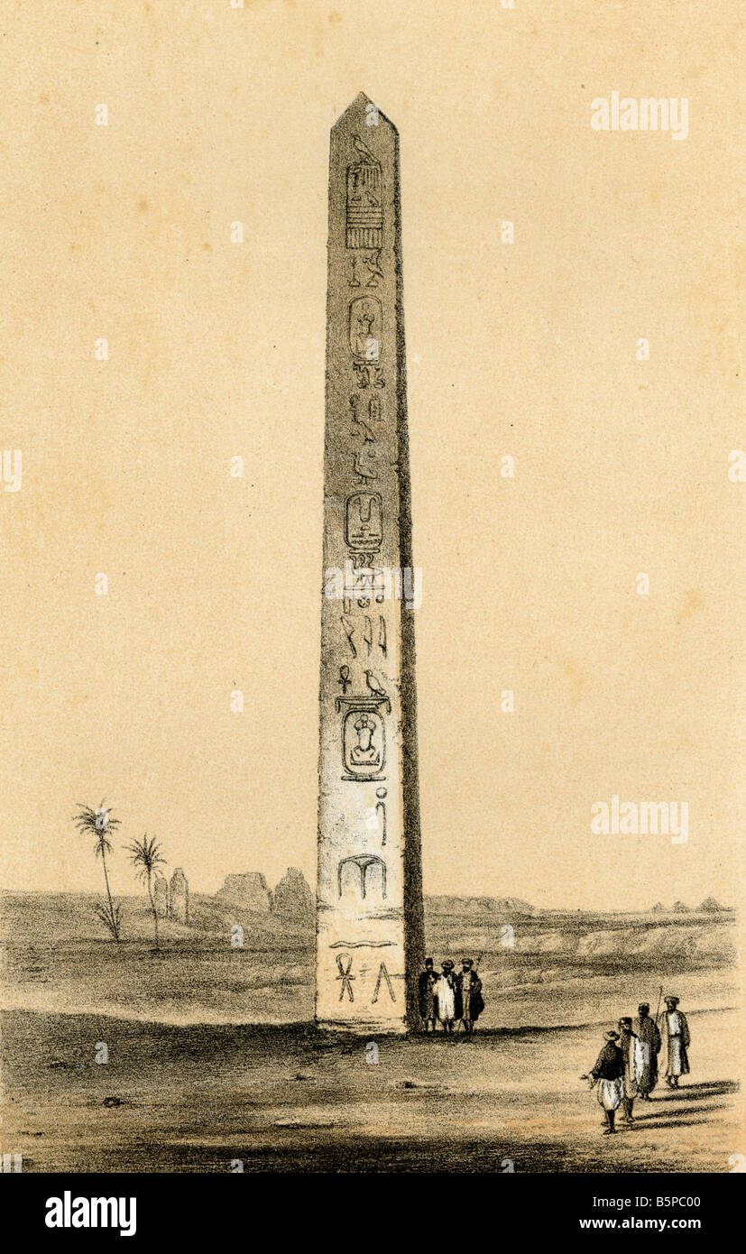 1864 lithograph of the Obelisk at Heliopolis, Egypt. Stock Photo