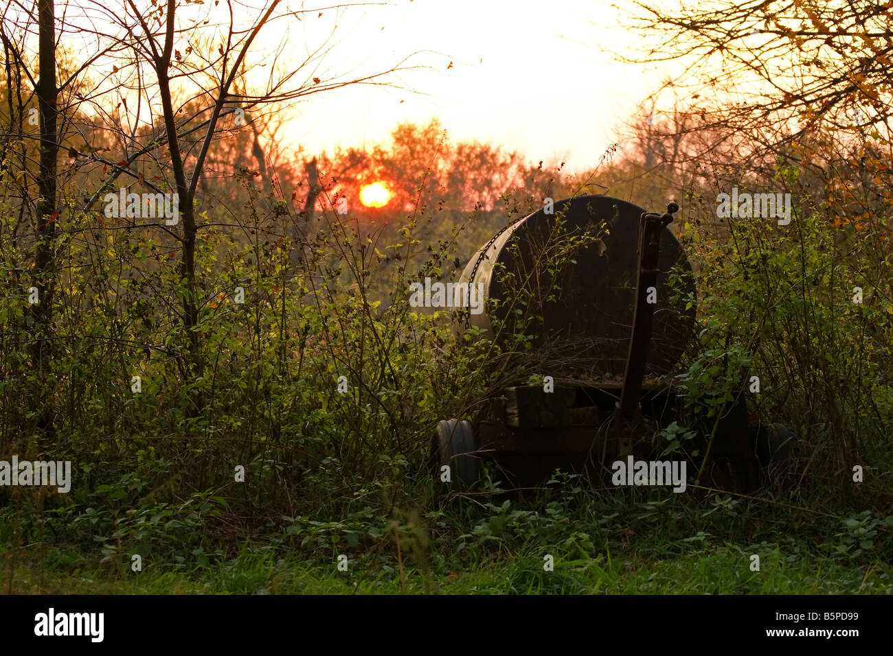 A farmers water cart sitting in the weeds. Stock Photo