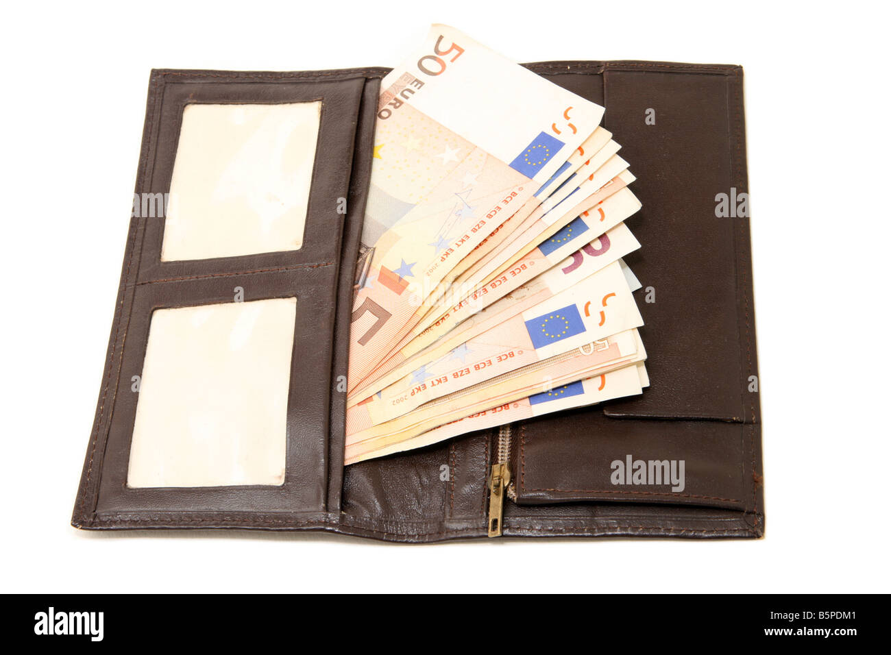 leather walet with fifty euro banknotes isolated on white background Stock Photo