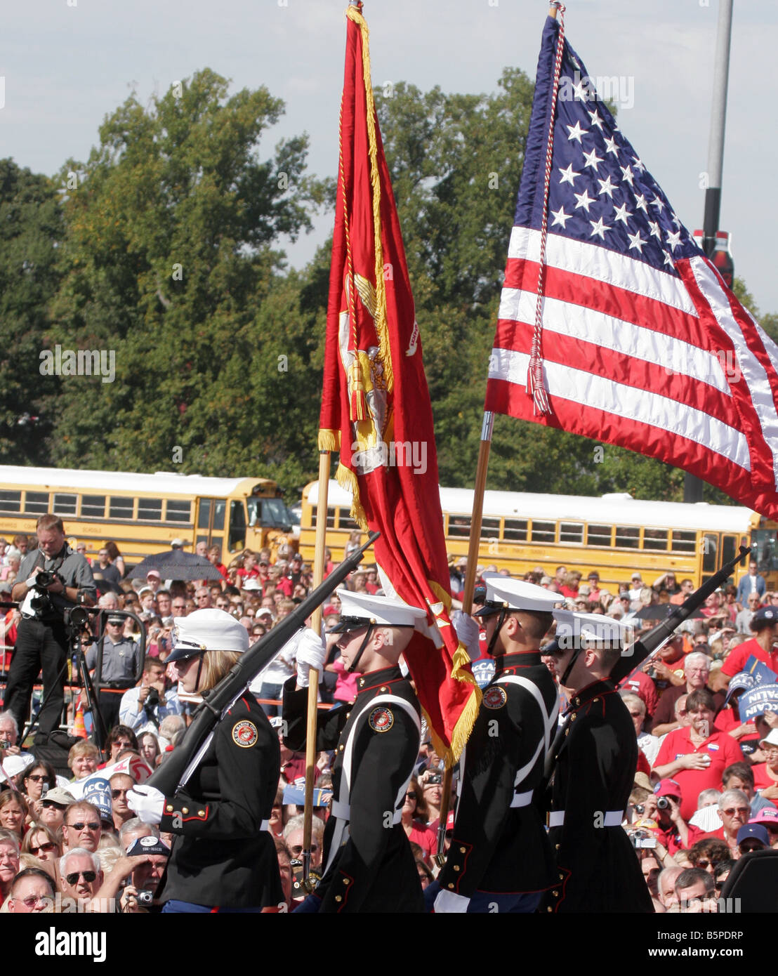 marine color guard at political rally for Sarah Palin and John McCain with female cadet. Stock Photo