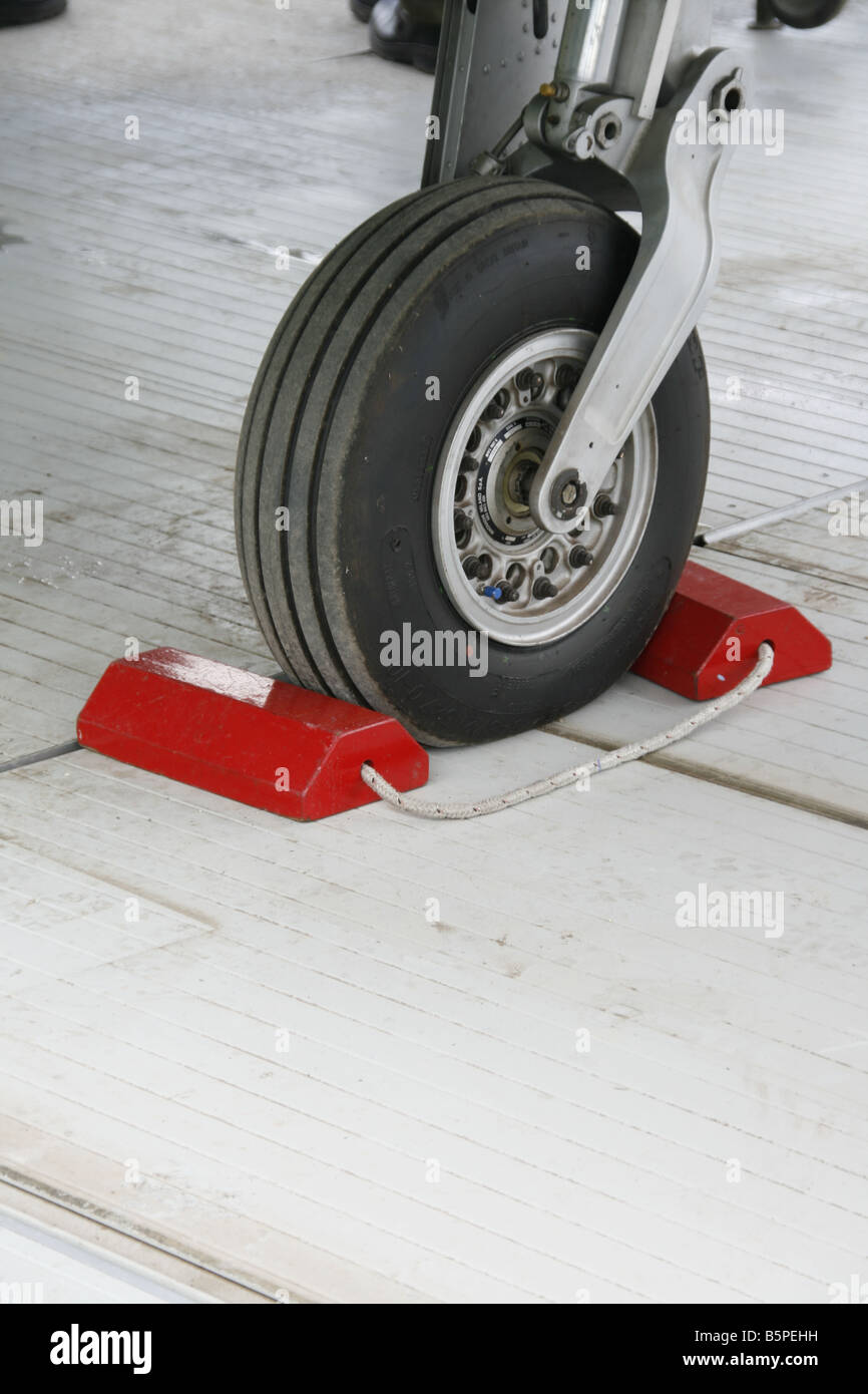 detail of red chocks blocks on fighter jet wheels at open day event