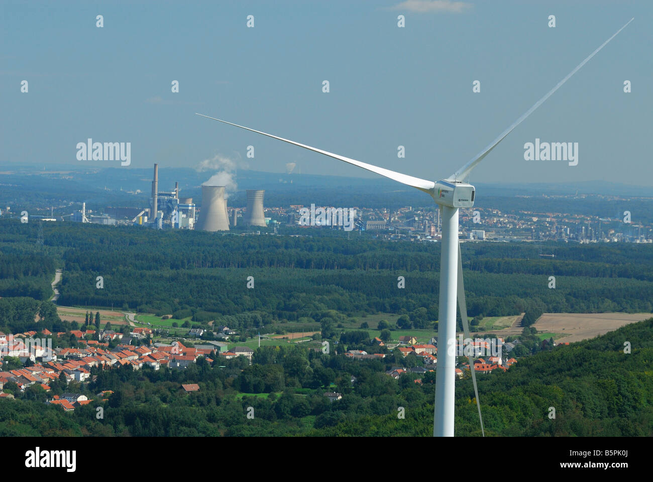 Aerial view of an alternator and propeller of a wind turbine with on