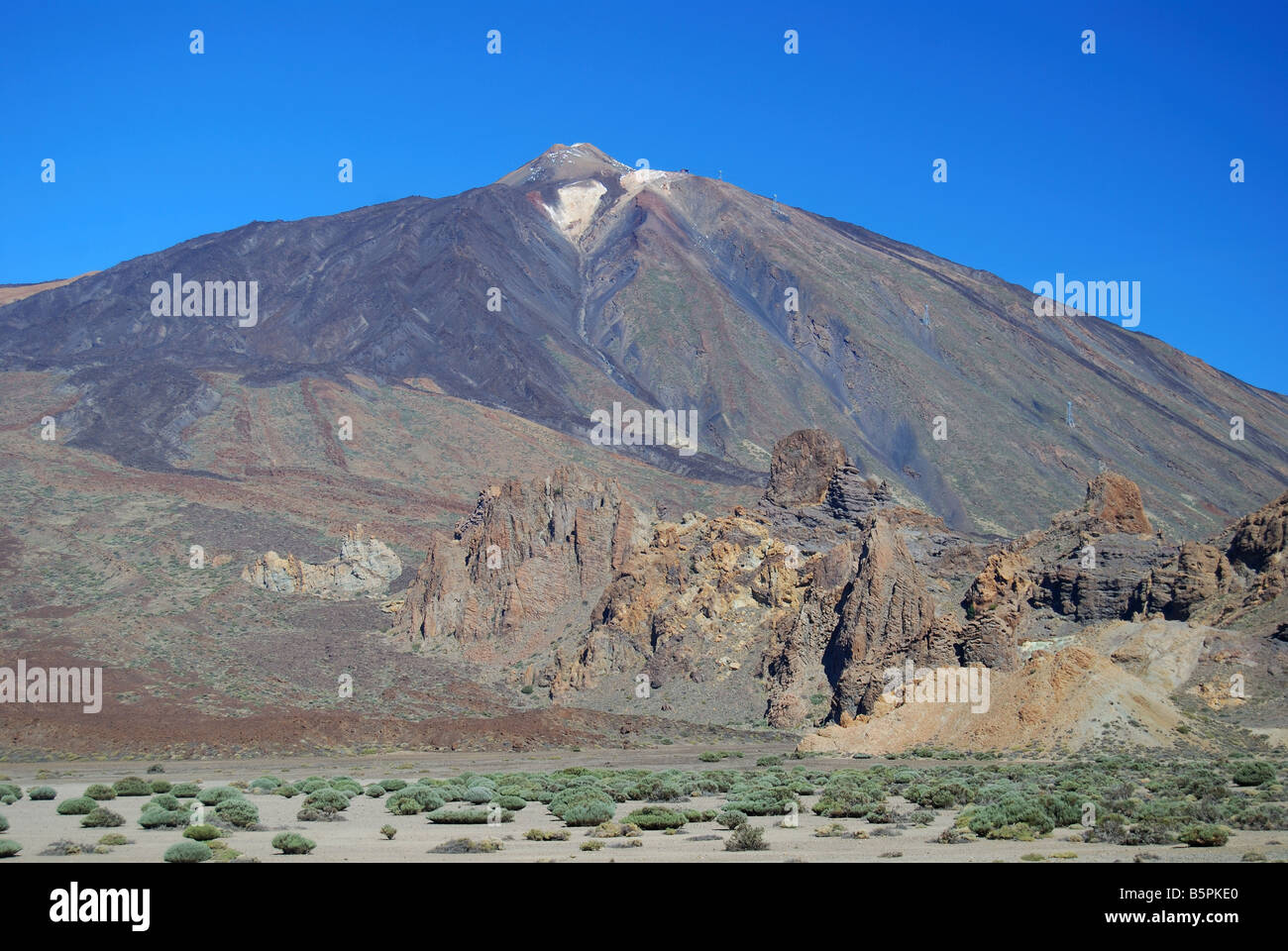 View of Mt.Teide across lava fields from lookout point, Parque Nacional Del Teide, Tenerife, Canary Islands, Spain Stock Photo