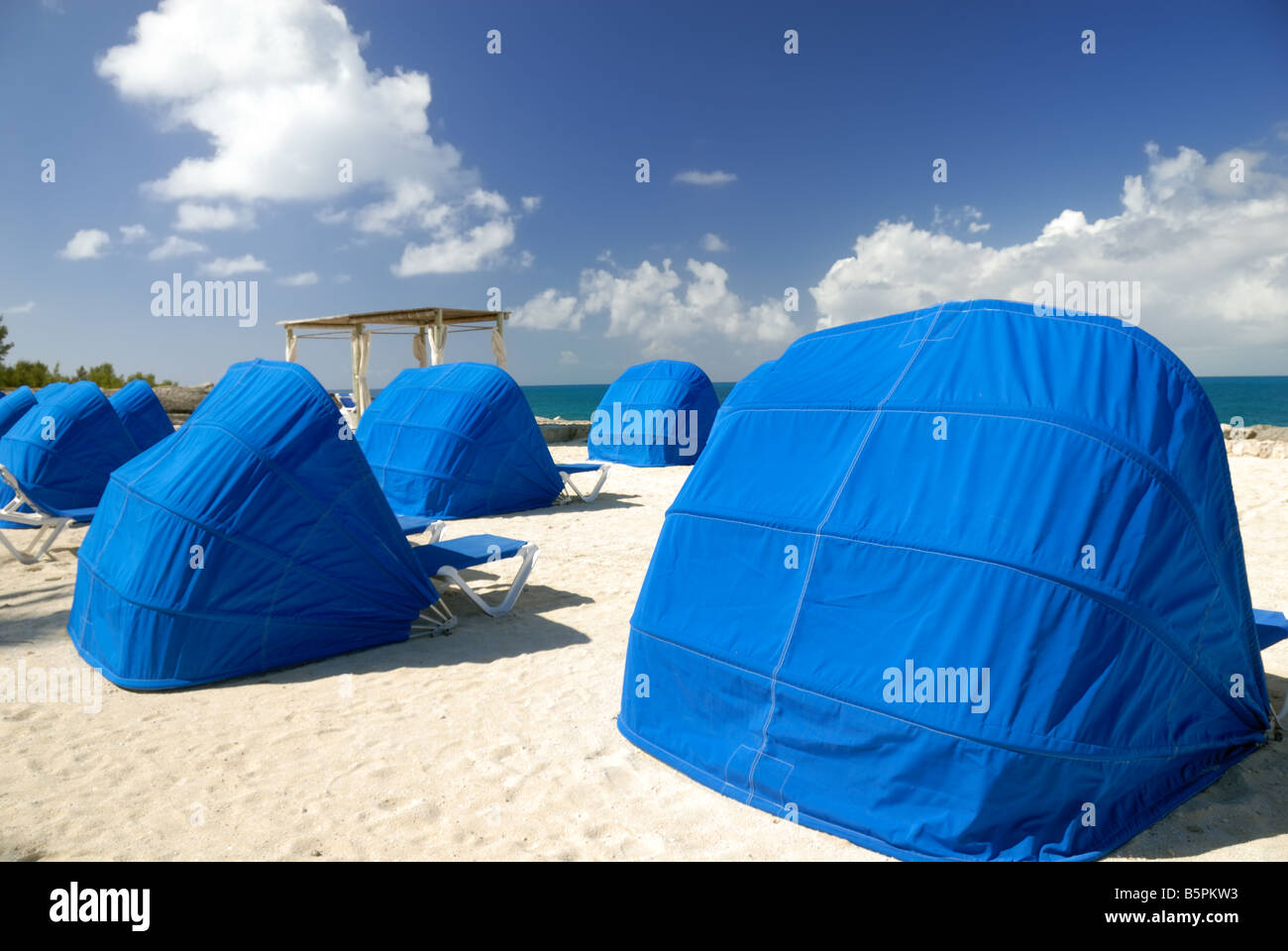 A sea of bright blue cabanas on the beach at Little Stirrup Cay, Bahamas. Stock Photo