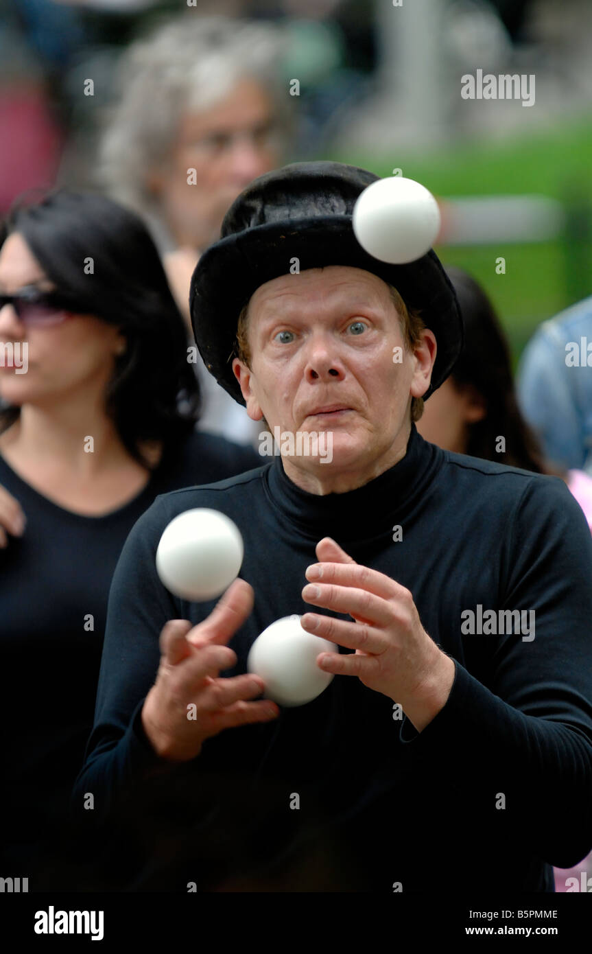 Philippe Petit juggling in Washington Square Park, New York City. Stock Photo