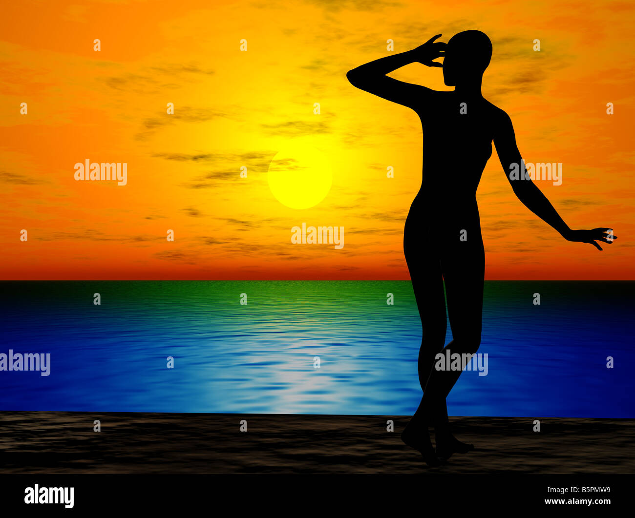 Silhuette of a woman on sandy beach looking at the sunset, rendered ...