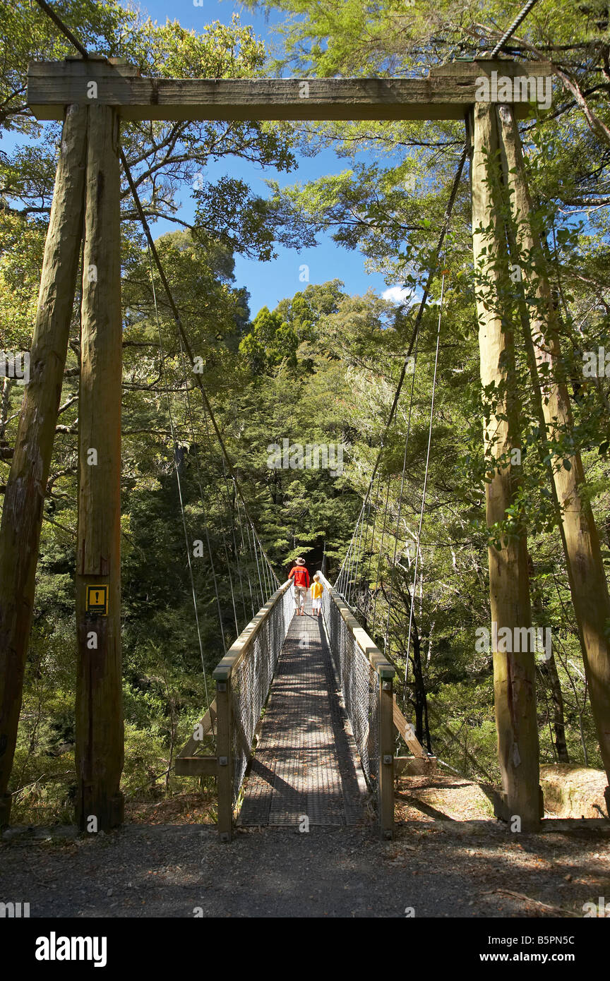 People on Suspension Bridge across Rai River at Pelorus Bridge Marlborough South Island New