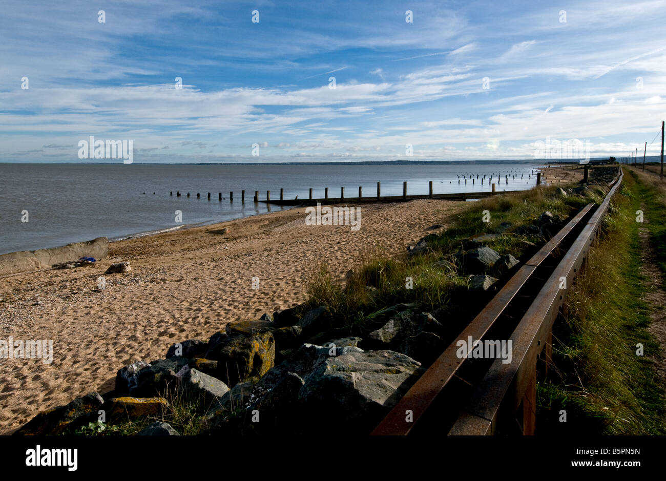 The beach and sea wall at Leysdown on Sea on the Isle of Sheppey in