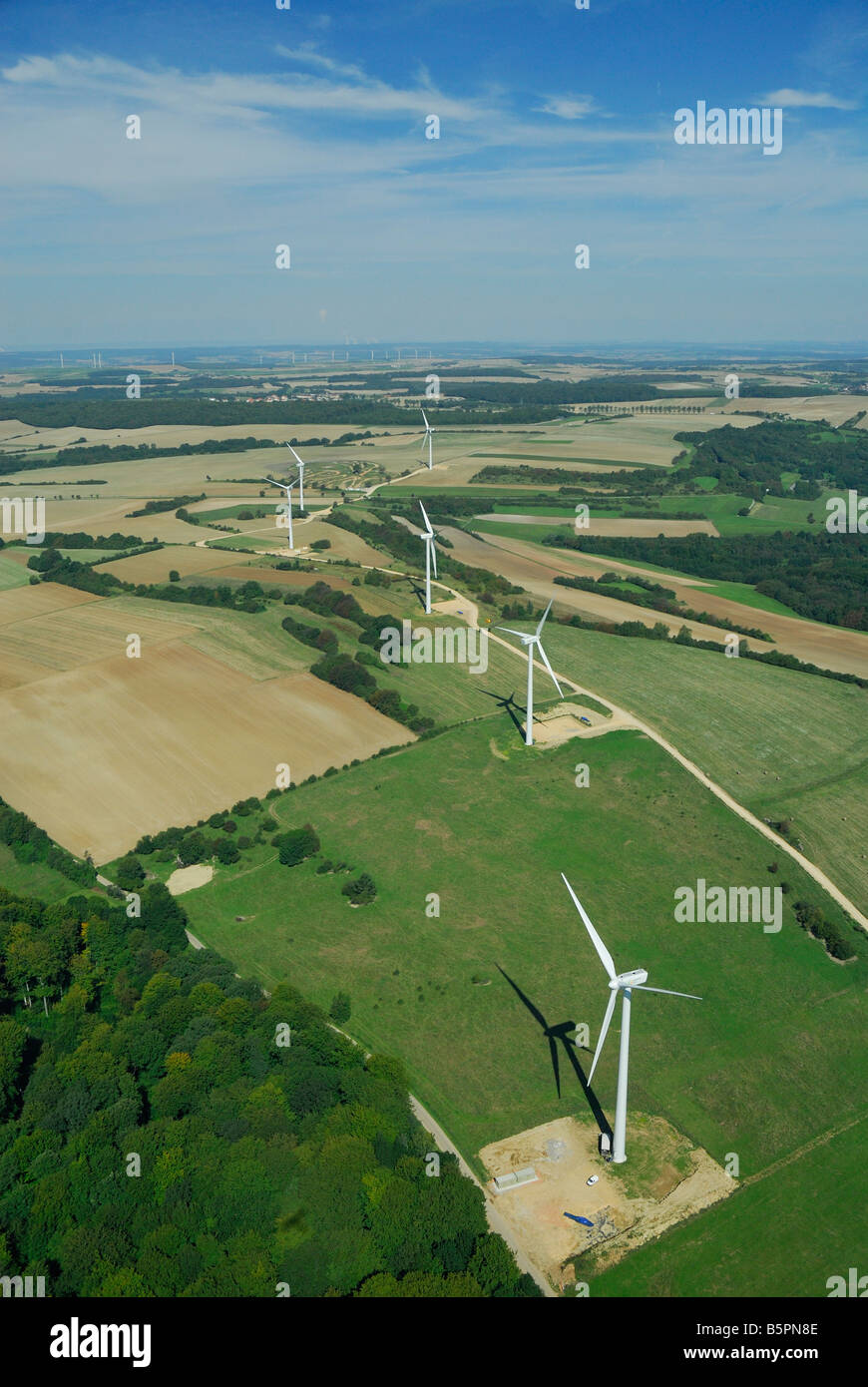Aerial view of a wind turbines in french Lorraine region - France Stock Photo
