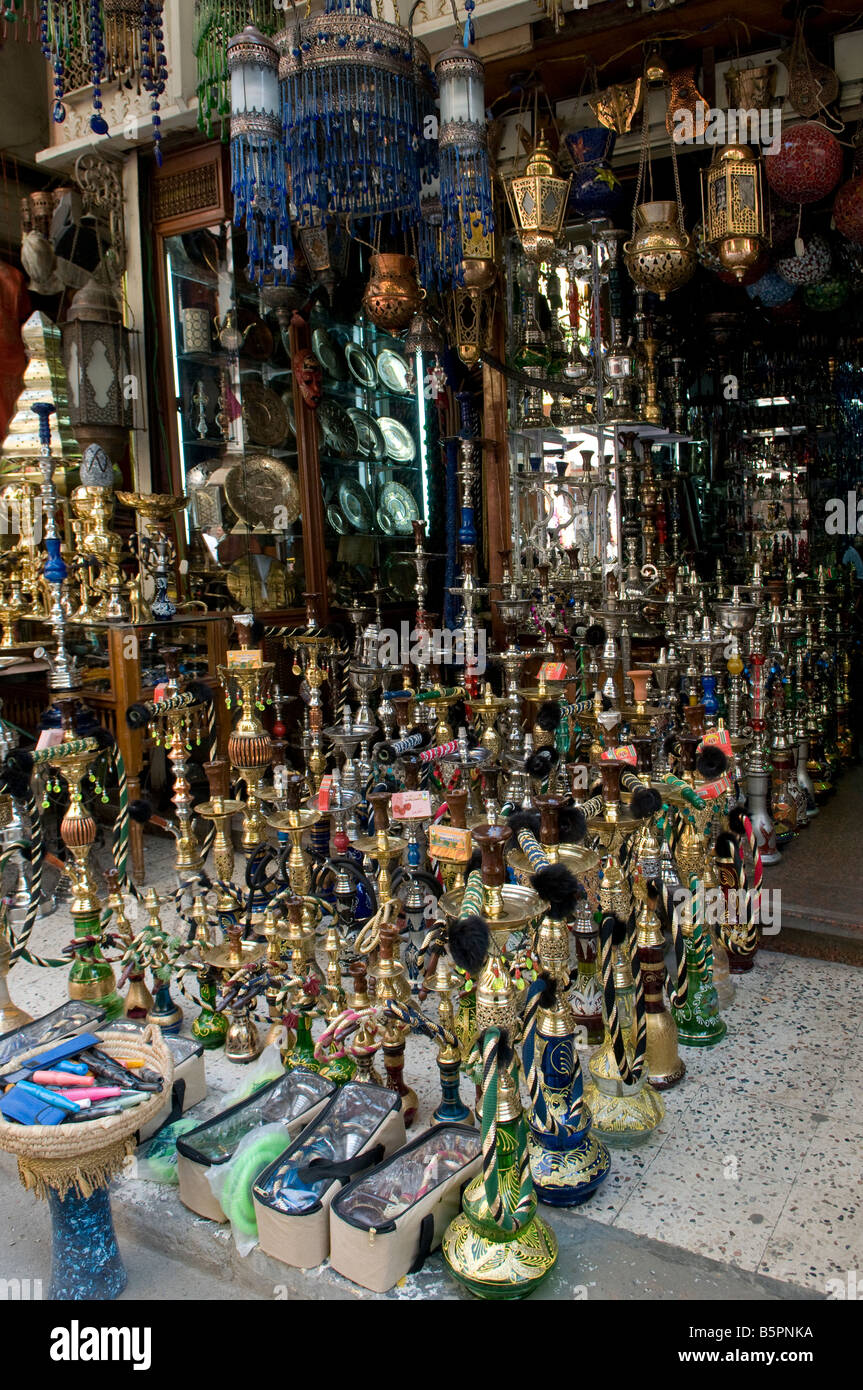 Hookah pipes for sale in Khan el-Khalili a major souk in the historic center of Islamic Cairo Egypt Stock Photo