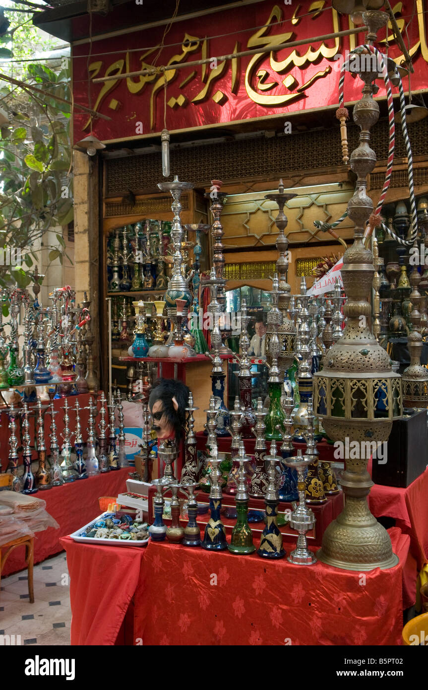 Hookah pipes for sale in Khan el-Khalili a major souk in the historic center of Islamic Cairo Egypt Stock Photo