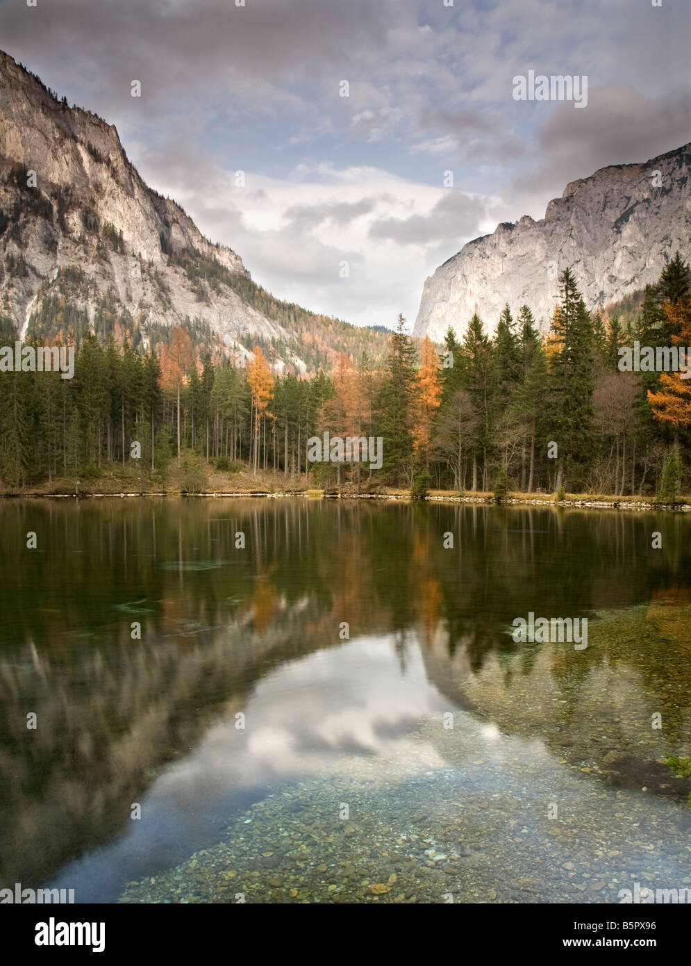 Still water at Lake Grunen See, Styria, Austria. Stock Photo