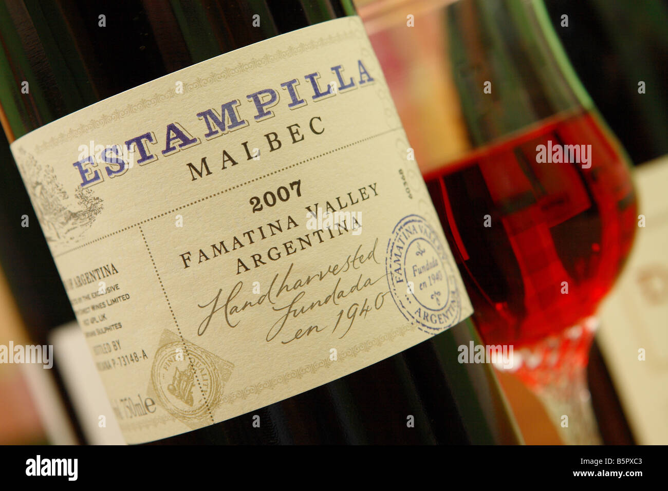 Argentinian Malbec red wine bottle label from the Famatina Valley region of Argentina Stock Photo