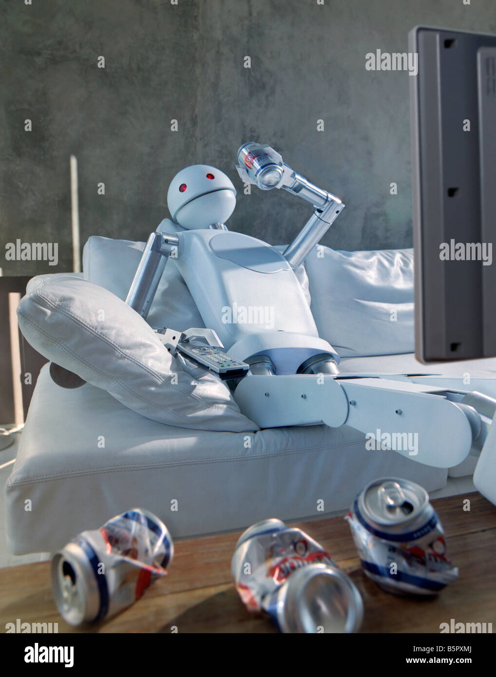 drunk robot watching television Stock -