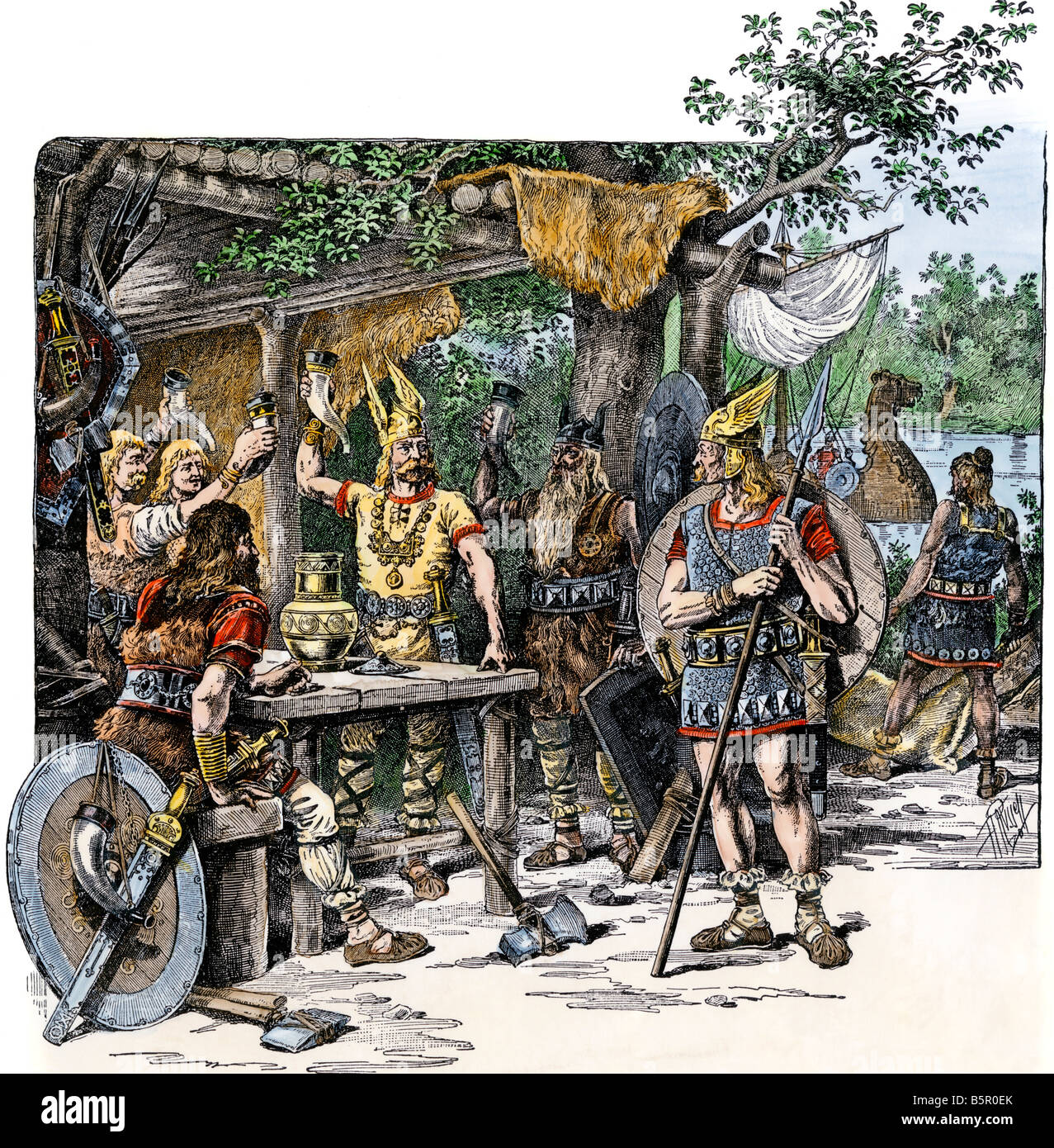Norsemen celebrating their discovery of the New World. Hand-colored woodcut Stock Photo