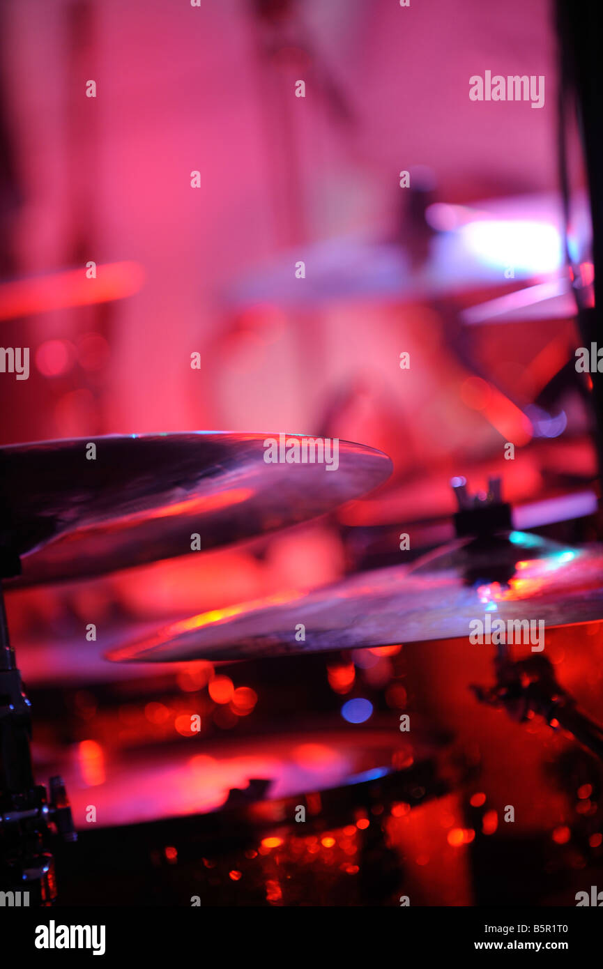 Generic conceptual background image of cymbals and drum kit on stage. Picture by Jim Holden Stock Photo