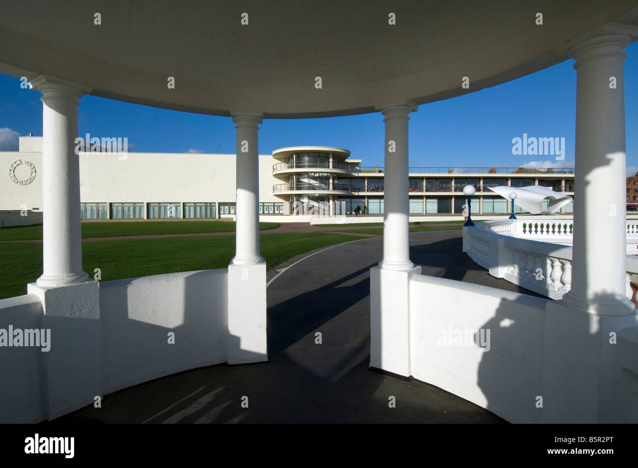 The Art Deco De La Warr Pavilion at Bexhill on Sea East Sussex as seen through the Colonade on the seafront Stock Photo