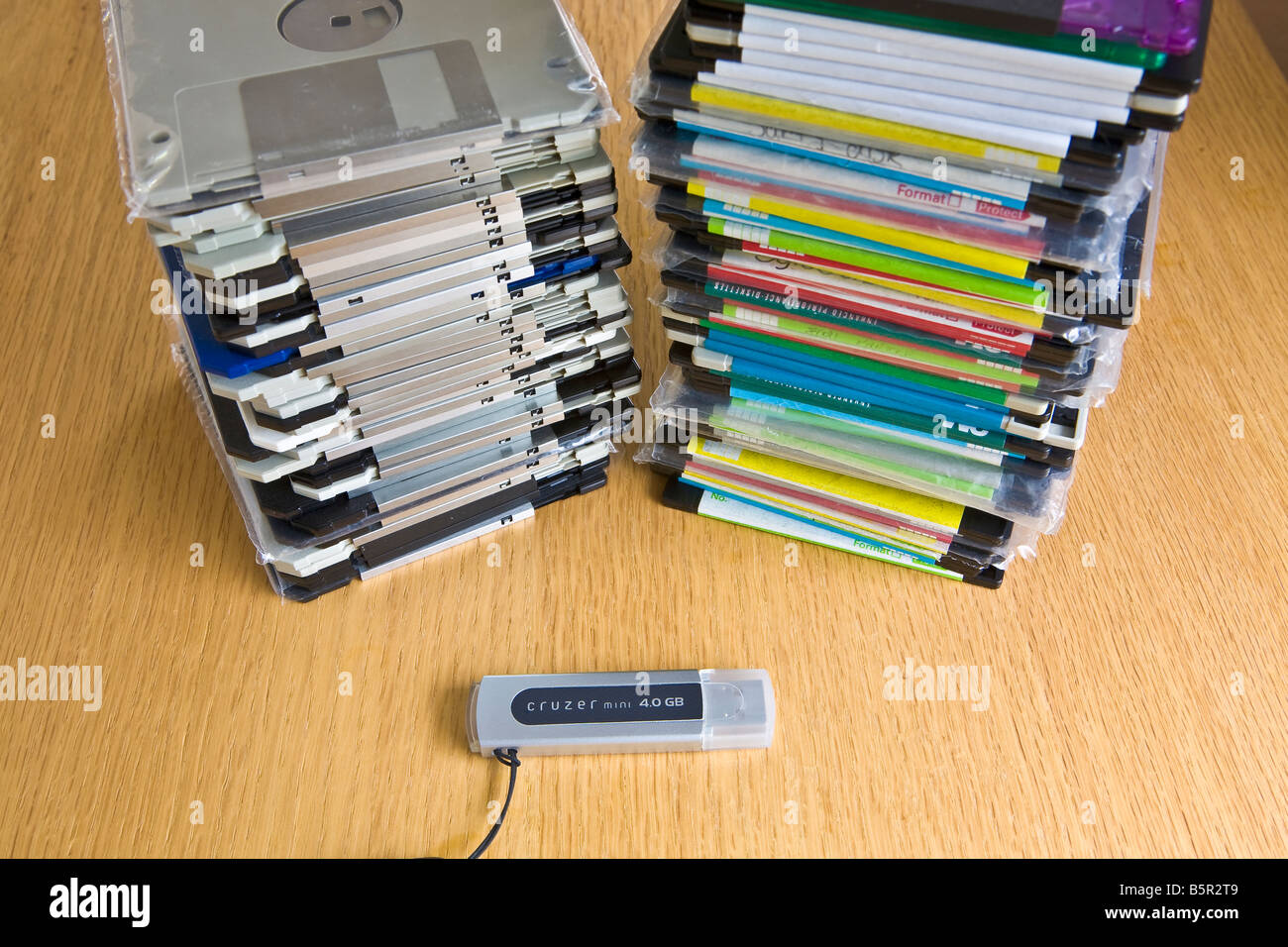 Modern flash drive compared with obsolete 3.5 inch floppy disks Stock Photo  - Alamy