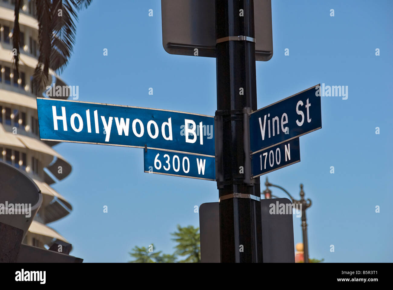 Hollywood and Vine Street sign Hollywood Blvd. Los Angeles CA California  USA clear day blue sky Stock Photo - Alamy