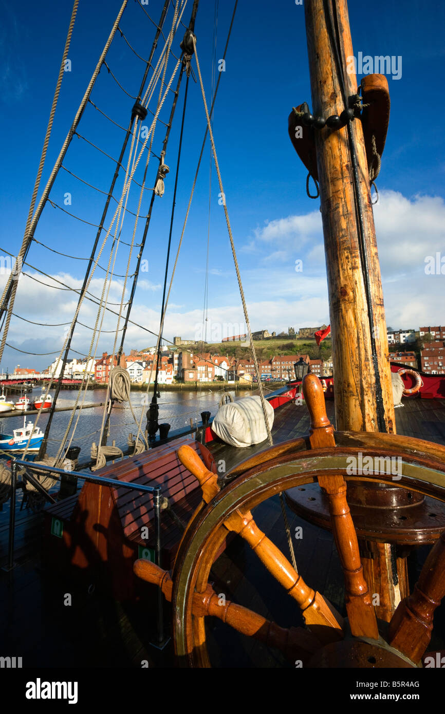 Whitby harbour, from the deck of The Grand Turk, replica 18th century frigate, Yorkshire UK Stock Photo