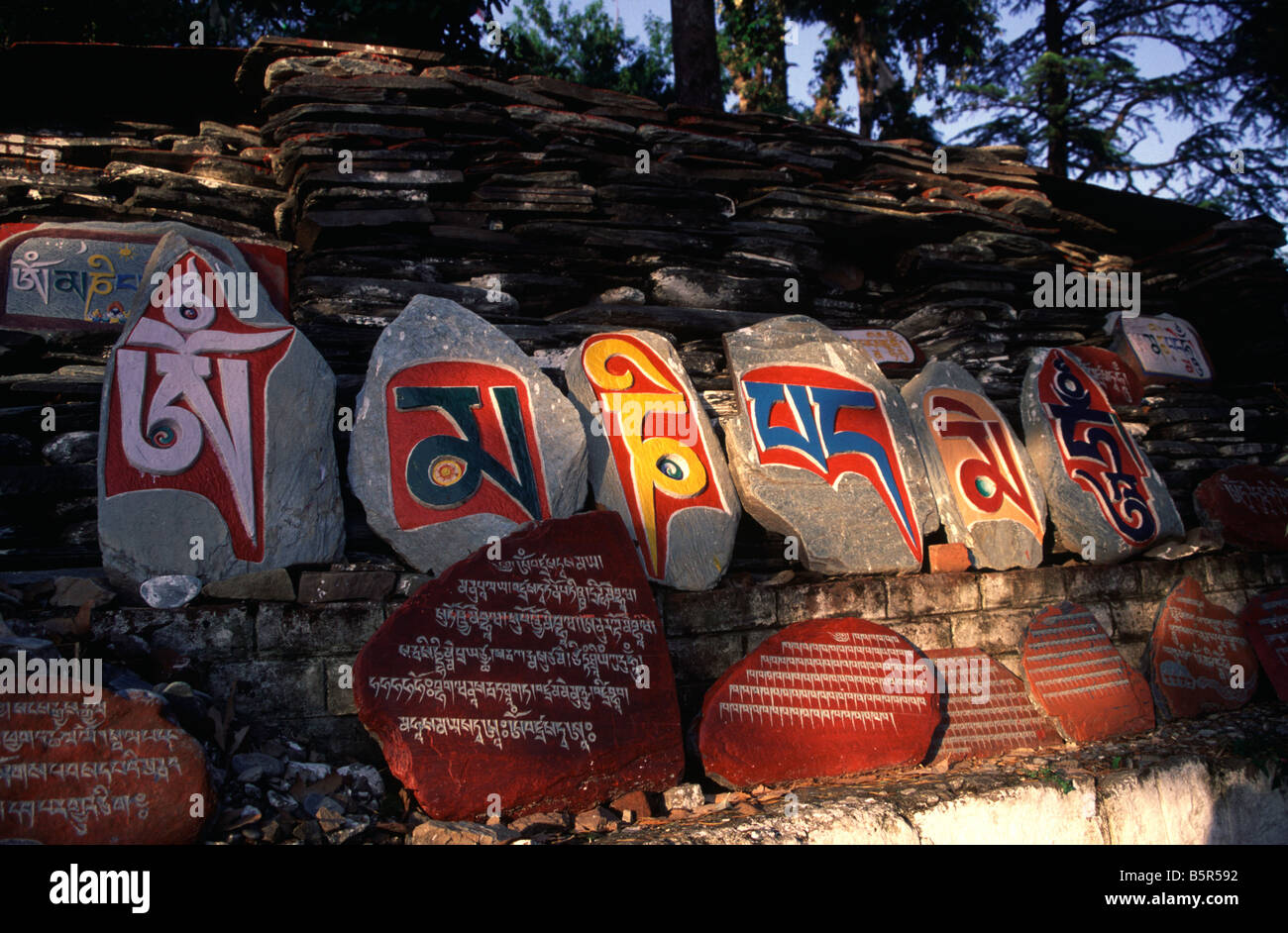 Om Mani Padme Hum is a special prayer carved in Mani stones in Dharamsala Stock Photo